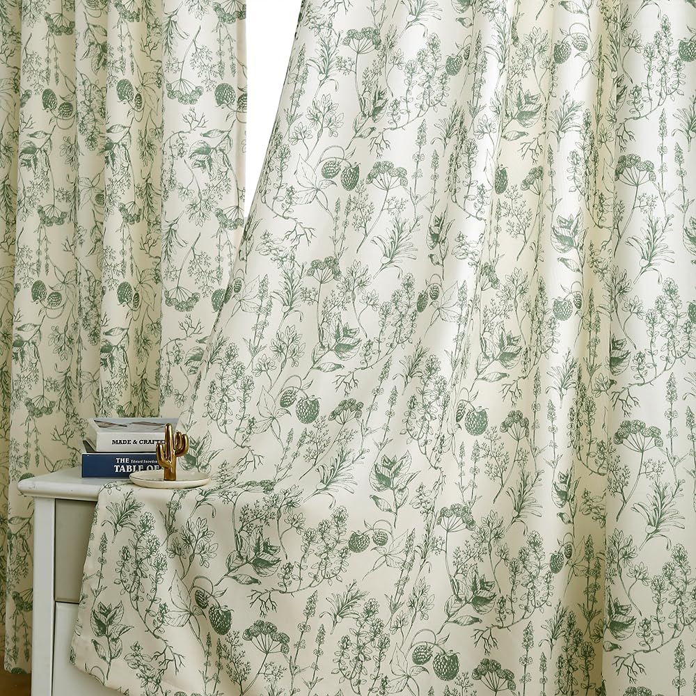 Autum Dream Blackout Curtains 2 Panels Chenille Curtains Drapes for Bedroom Back Tab Rod Pocket Poppy Floral Farmhouse Curtains for Living Room, Patio Doors,Green Floral, 52" W x 96" L