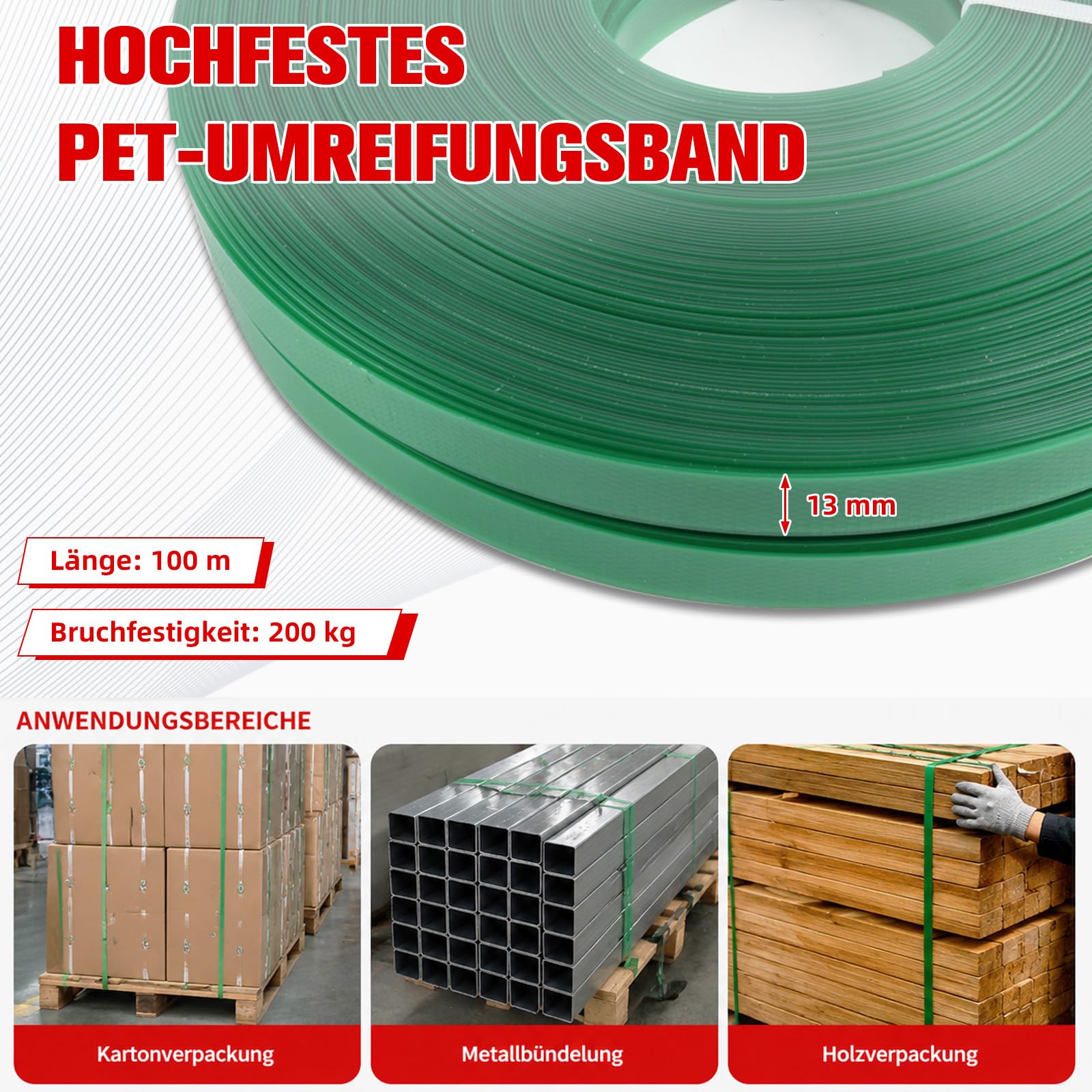 Manuelle Umreifungsset, Umreifungsgerät mit 100m PET-Umreifungsband, 100 Stück Clips, 20 Eckschutz, Handschuhe, Spanner, für 12-19mm PP/PET-Kunststoffverpackungen