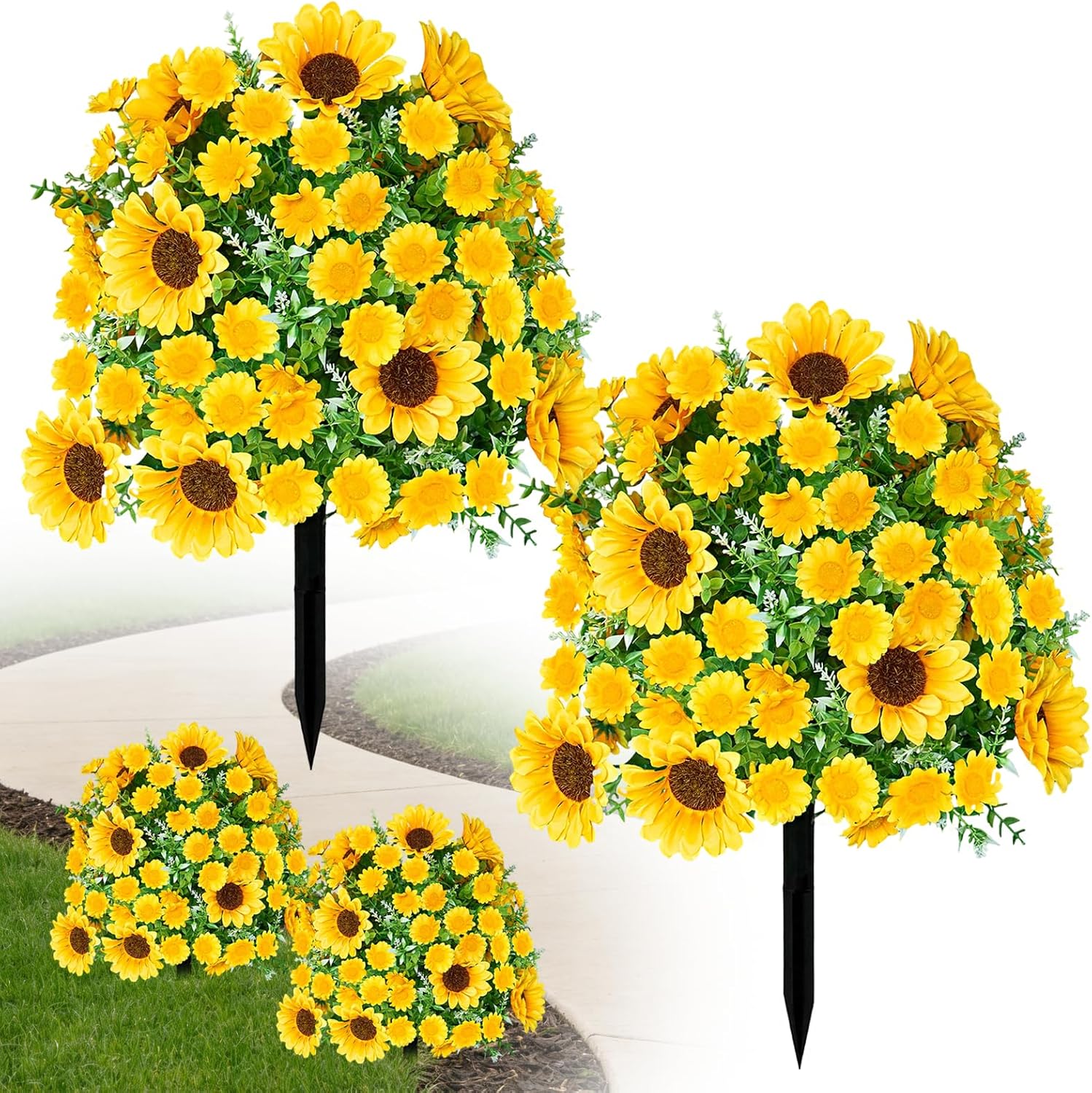 2 Pack Artificial Boxwood Topiary Ball Trees with Ground Spikes, 21" Realistic Faux Shrubs with Sunflower Daisy, Outdoor Flowers UV Resistant, Artificial Fake Plants for Garden Yard Porch Decor (Mix)