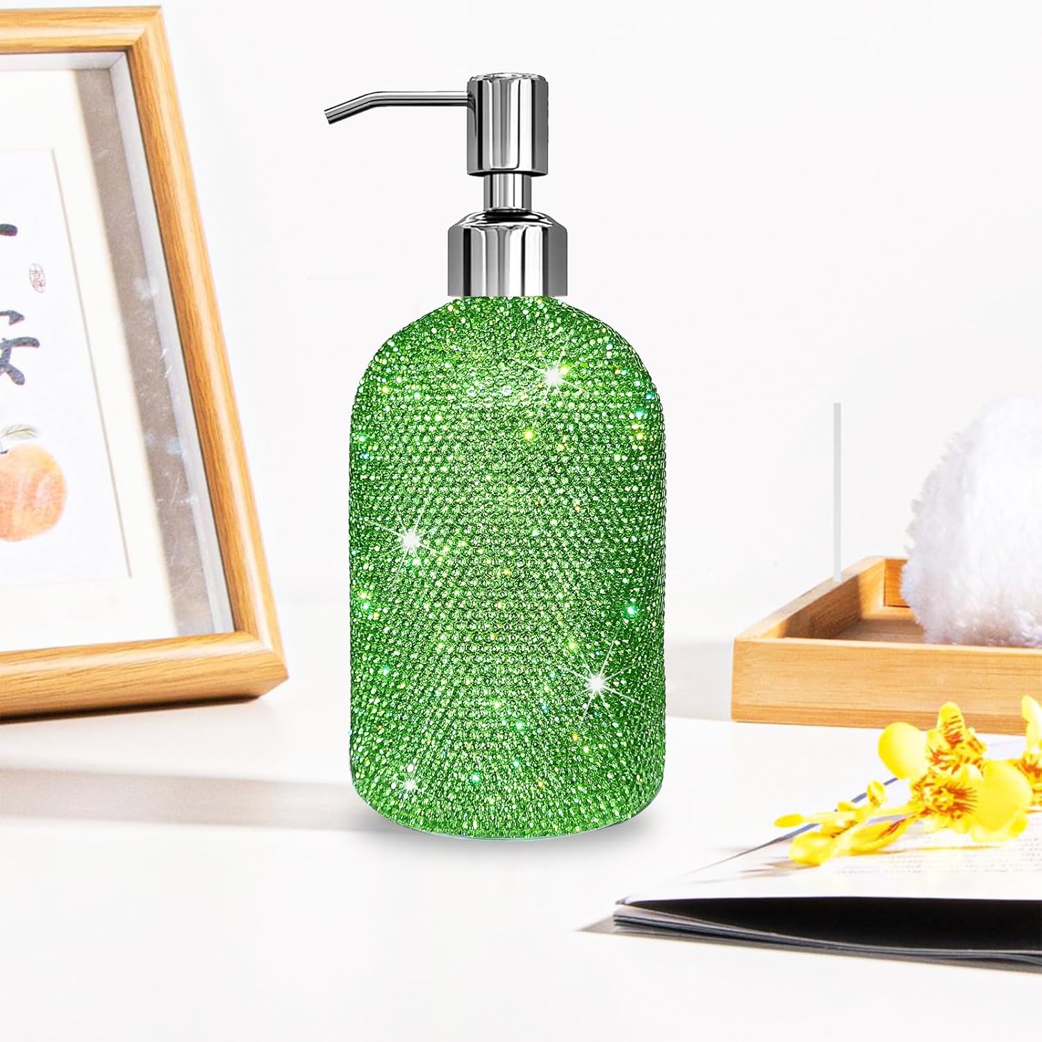 SlowVibes 18Oz Bling Green Soap Dispenser with Rust Proof Stainless Steel Pump,Refillable Liquid Hand Wash Bottle for Bathroom Kitchen,Sparkle Decorative Shower Dispenser,Rhinestone Lotion Dispenser