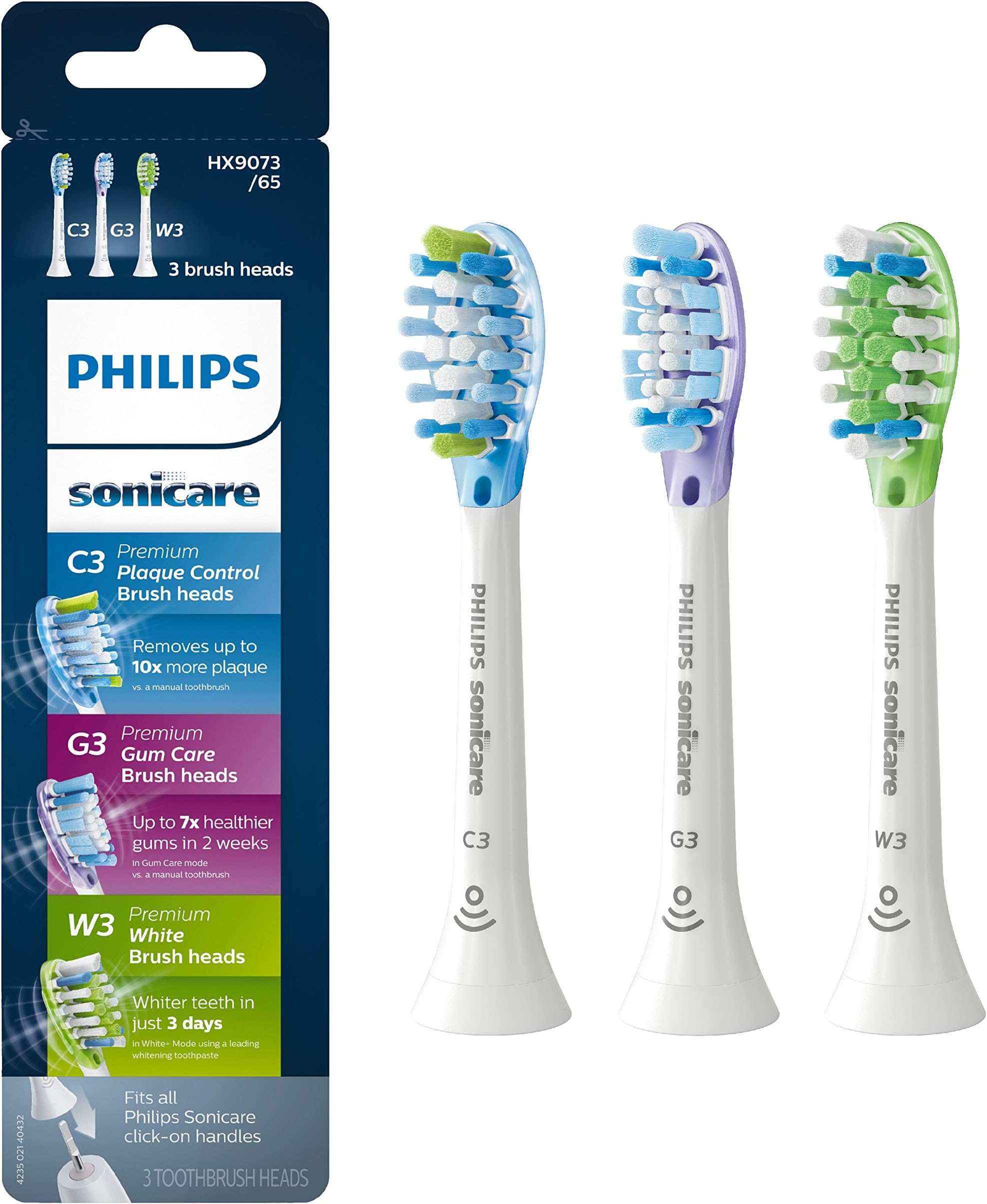 Philips Sonicare Genuine Replacement Toothbrush Heads Variety Pack, C3 Premium Plaque Control, G3 Premium Gum Care & W3 Premium White, 3 Brush Heads, White, HX9073/65