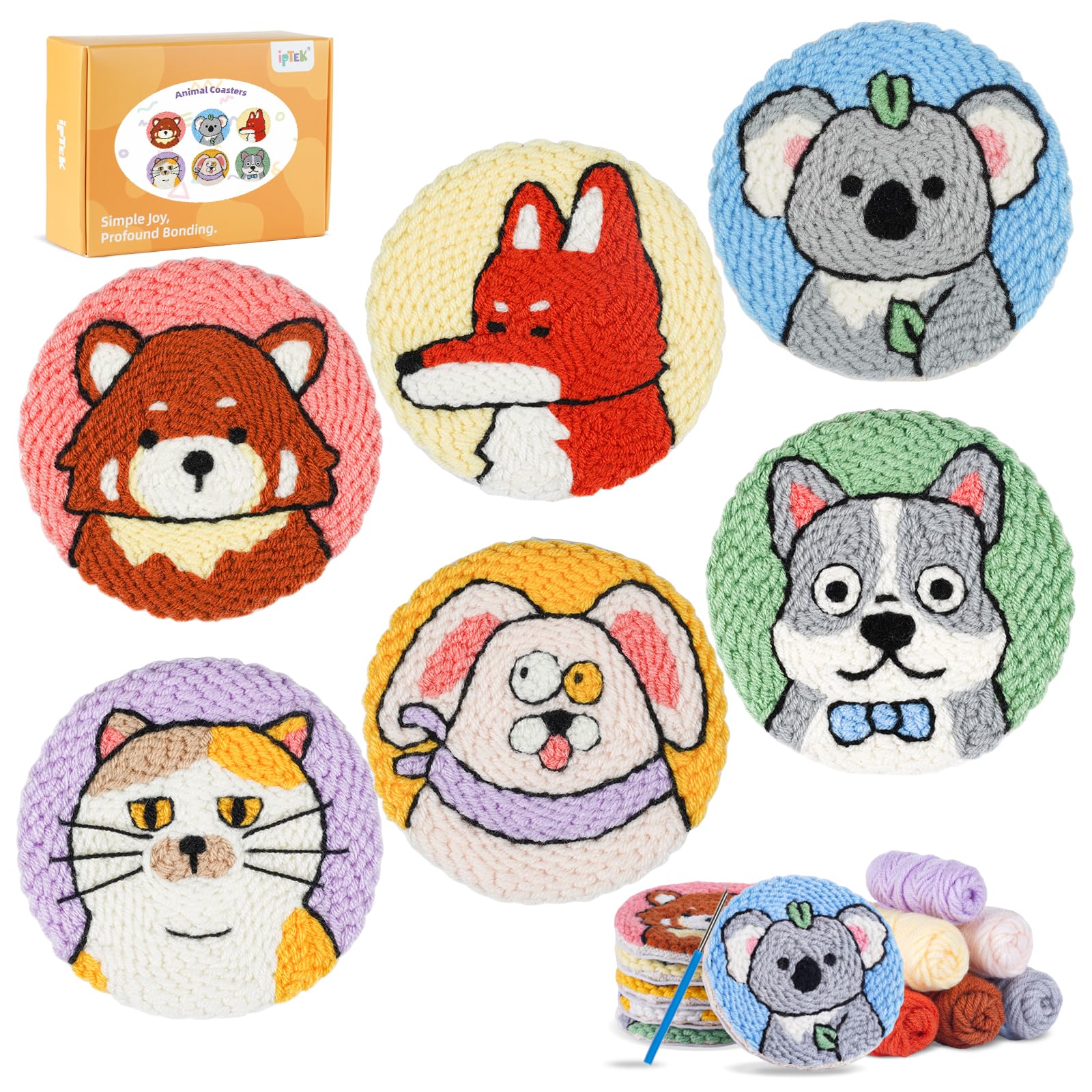 punch needle kit-6,embroidery kit for beginners,punch needle kits adults beginner,needles, curved scissors, a tool storage box, yarn, easy-to-follow instructions, and tutorial videos(6 animal coaster)