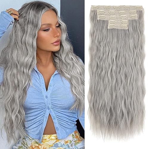 Extensiones de cabello con pinza, REECHO 5 piezas de extensiones de cabello gris plateado 24" gruesas, ondas largas y sueltas, HE002, trama