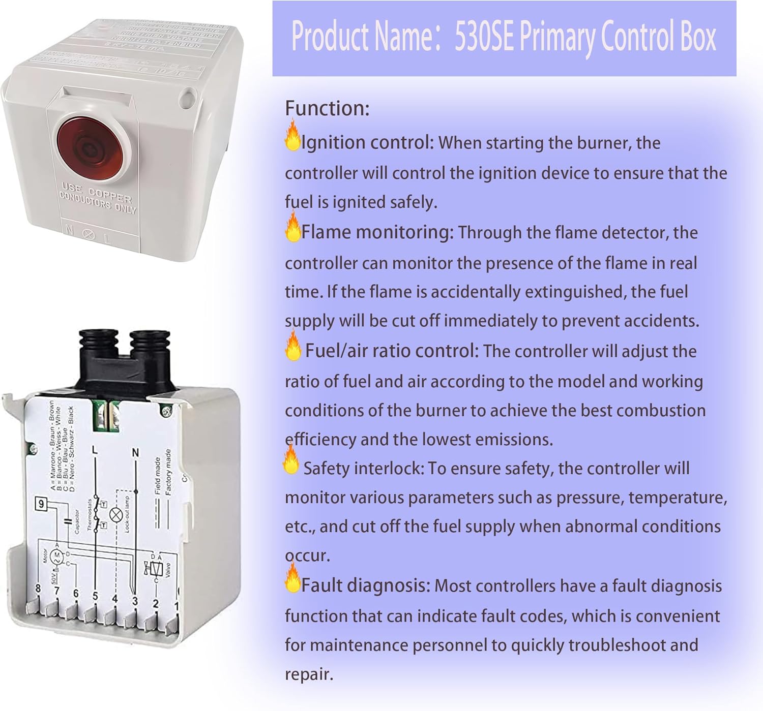 530SE Primary Control Box, Oil Burner Control Box Combustion Flame Detecto Flame Sensor Ignitor Primary Relay Box Compatible with Riello 40G Oil Burner Controller & Electric Eye