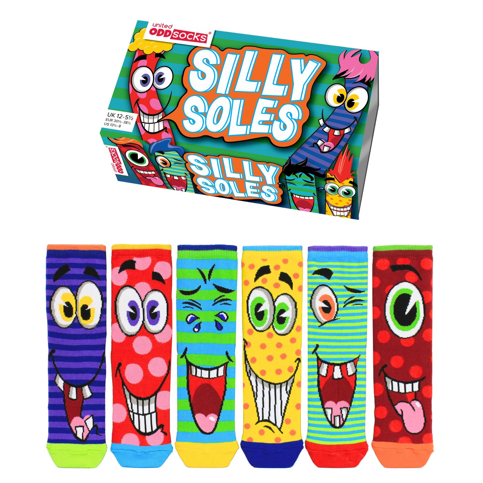 United Oddsocks Silly Soles Gift Box For Kids – 6 Mismatched Character Socks – Funny Faces & Goofy Grins – 15 Mix & Match Combos – Uk 12–5.5, Us 13.5–8, Eu 30.5–38.5 – Cotton Rich, Colourful Socks