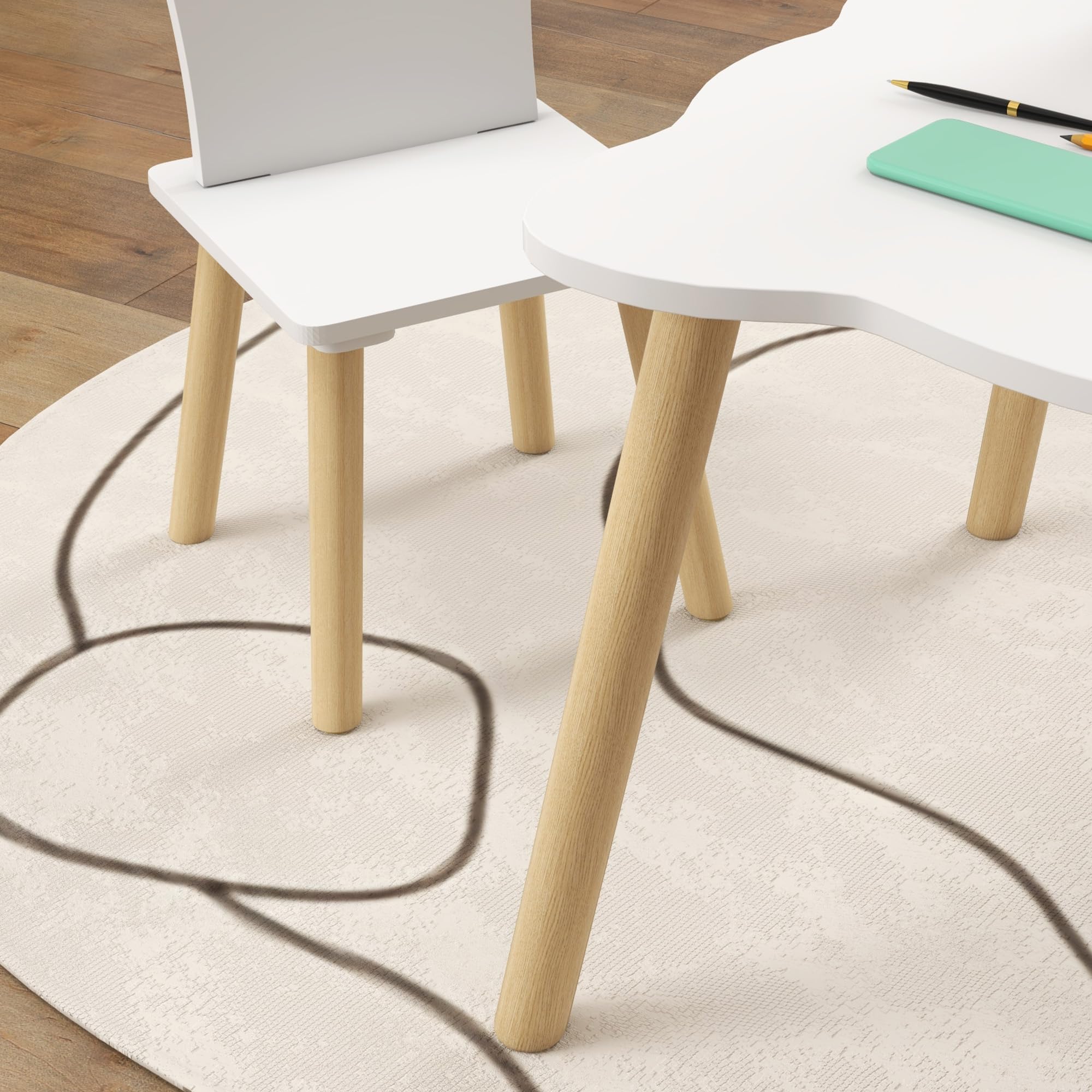 AIYAPLAY Mesa y Sillas Infantiles de 3 Piezas Mesa Infantil con 2 Sillas con Respaldo en Forma de Corona para Niños de 3-6 Años para Sala de Juegos Dormitorio Guardería Blanco