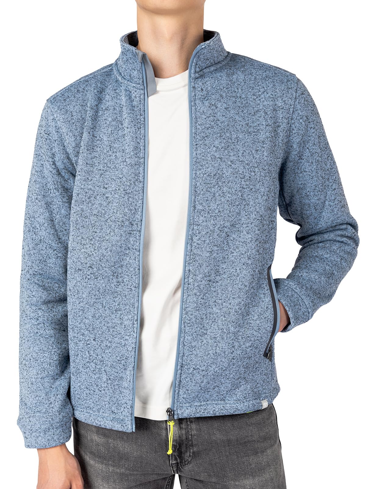 Mega Tshop Men’s Heather Two-Tone Knit Zip Up Fleece Jacket with Pockets | 300gsm Warm Fabric, Sherpa Fleece Inner, Wind Guard Stand Collar, TPU Welded Pockets, Fluorescent Pull, for Casual, Outdoor