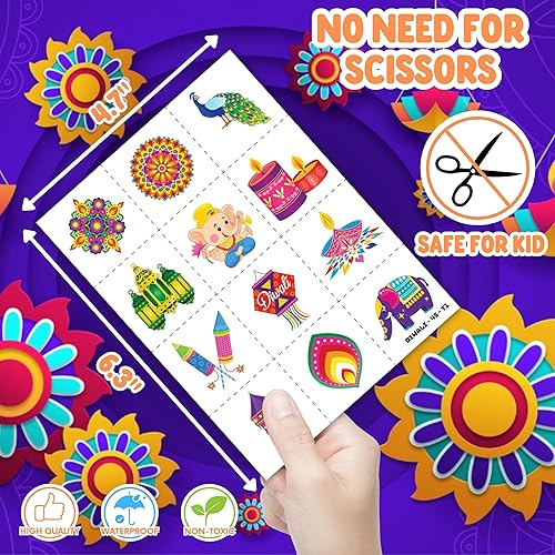 72PCS Diwali Party Set - 48PCS Temporary Tattoos & 24PCS Slap Bracelets - Festival Happy Indian -Themed Birthday Supplies, Baby Shower Gifts, Classroom Rewards & Party Decor for Kids