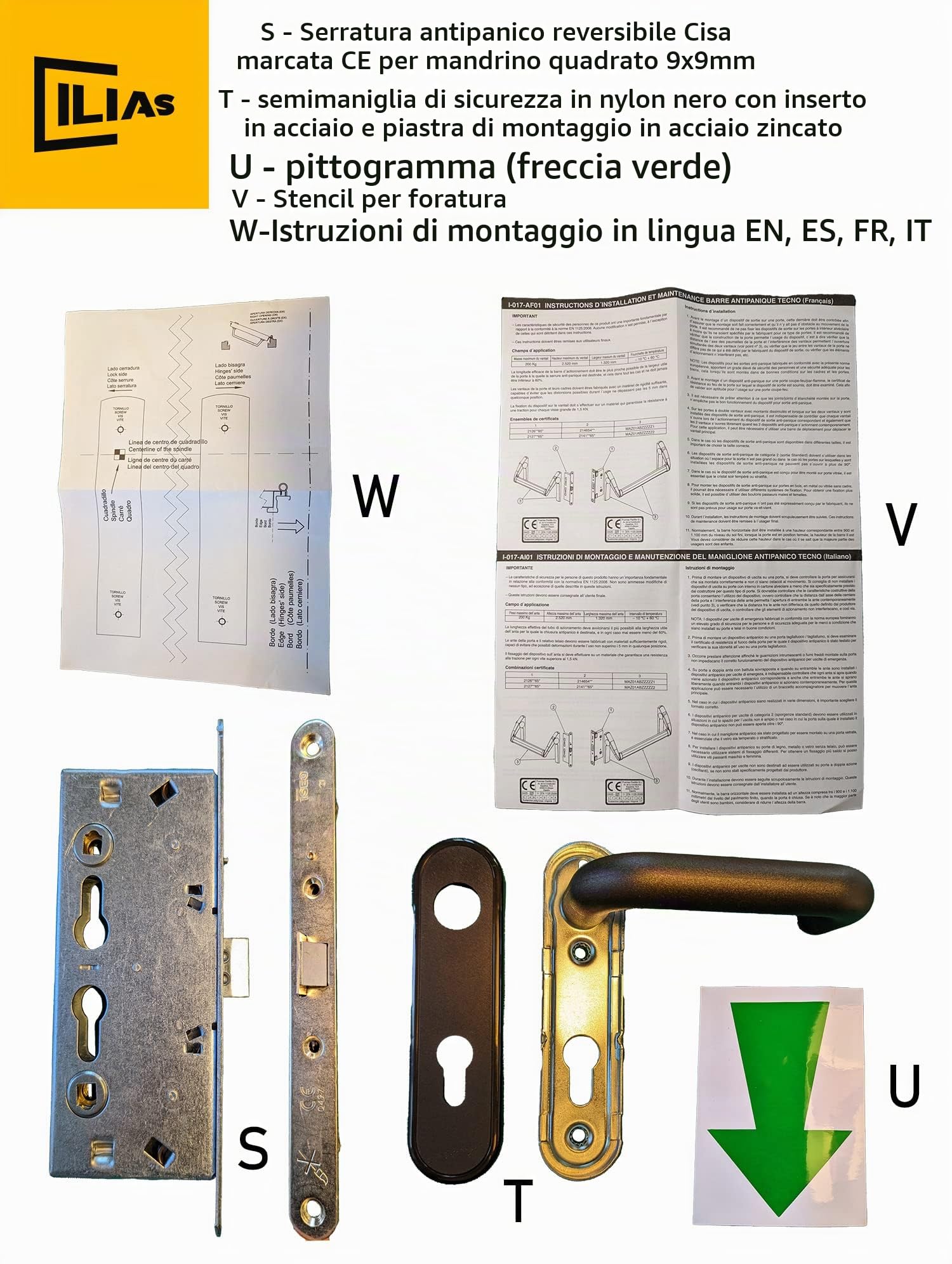 Maniglione antipanico con serratura, maniglia, cilindro per porte su uscite di sicurezza, marcato CE, EN 1125 (Kit completo)