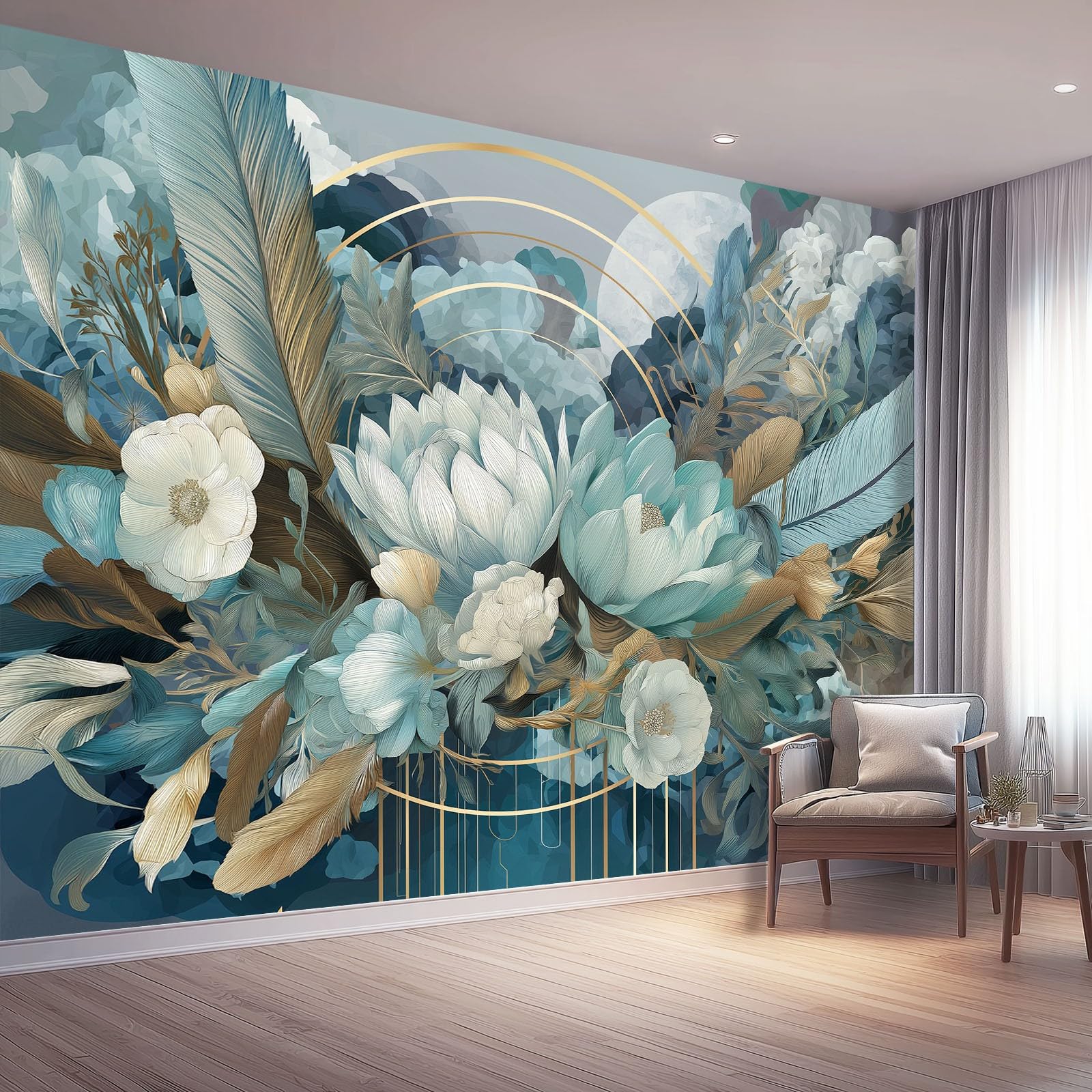 Tapeta z motywem 250 x 175 cm, pióra i kwiaty, wesoła tapeta z motywem do pokoju dziecięcego i kącika do majsterkowania, niebiesko-zielona
