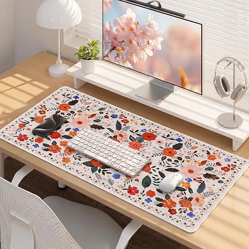 Miniatura 5 de Retro Floral Desk Mat Desk Pad XXL Large Mouse Pad Vintage Boho Non Slip Mouse Pads with Stitched Edges Waterproof for Women Student Computer