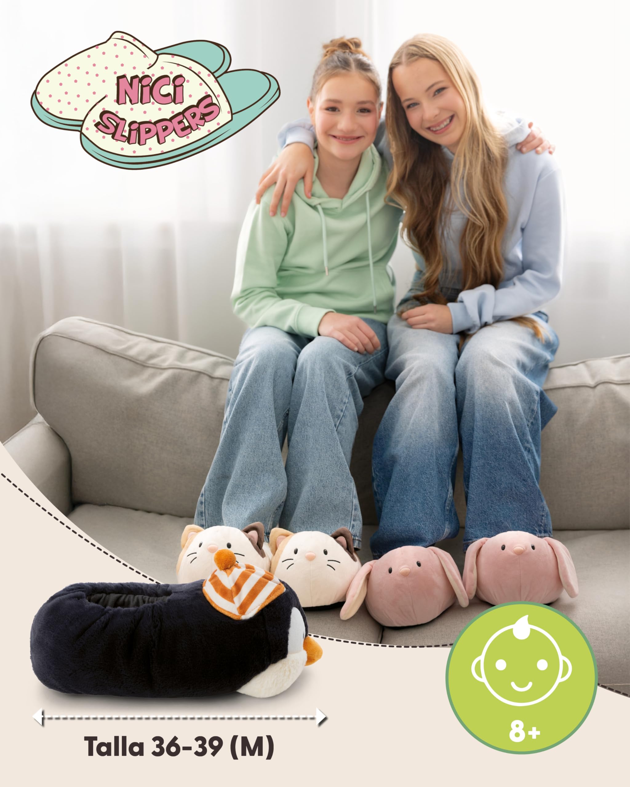 NICI Zapatillas de estar por casa Pingüino Jorge Thunder, 36-39 (M), gris, cálidas, de pelo, para niños y personas adultas, con diseño de animal y suela antideslizante - 62449