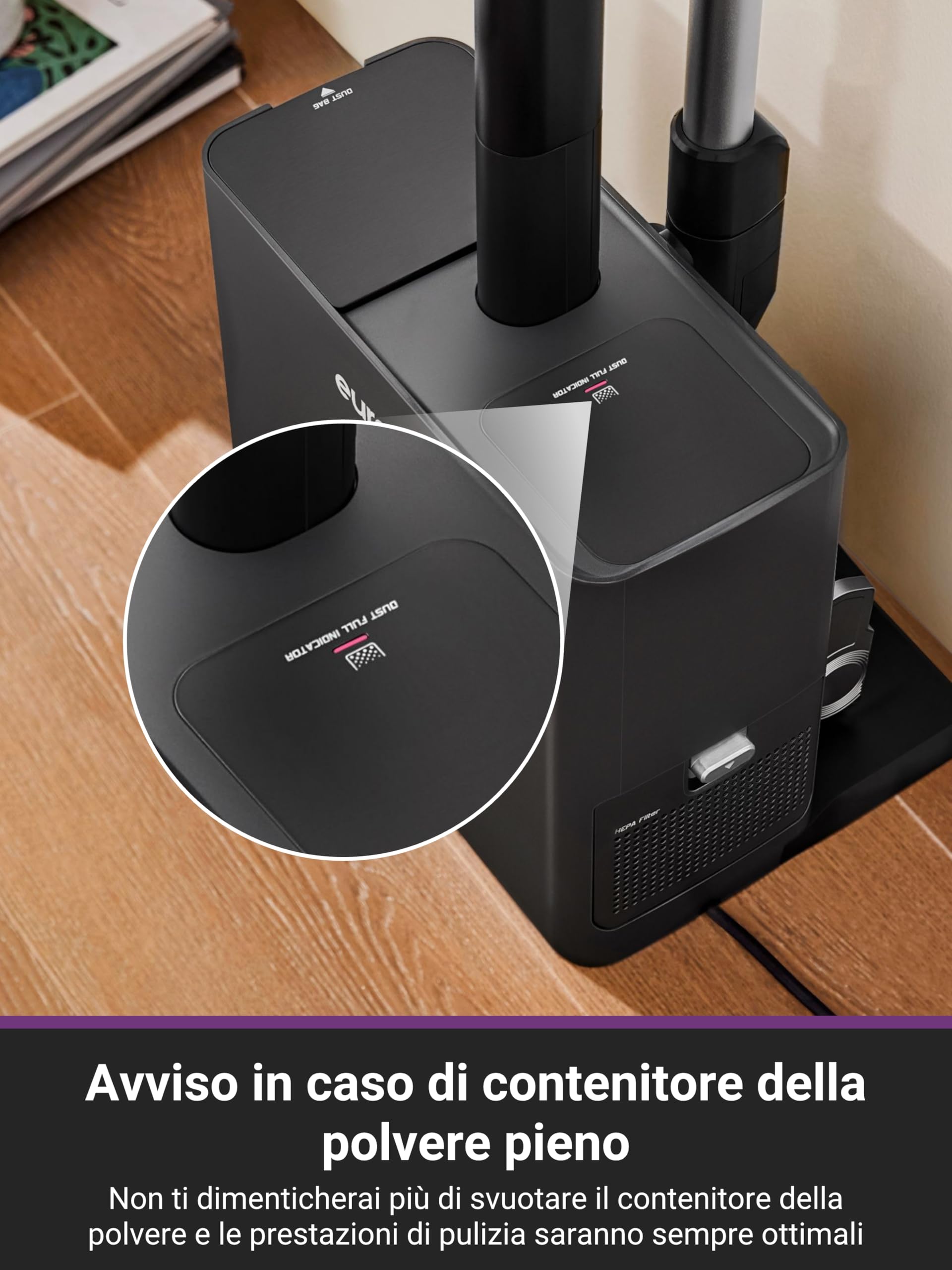 Eureka Stylus Elite Aspirapolvere Senza Fili con Stazione, 24000Pa, Svuotamento Automatico, Sacco 3L, Autonomia 60 Min, Spazzola Antigroviglio, LED, Batteria Rimovibile, Motore BLDC