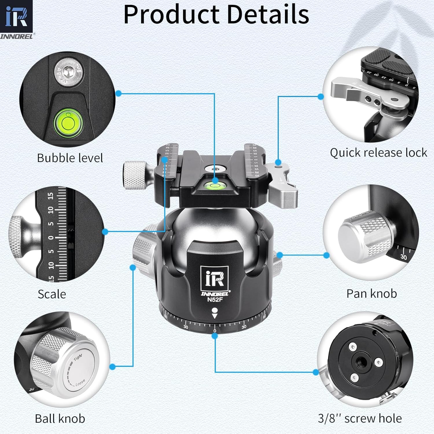 INNOREL N52F Quick Locking Low Profile Tripod Ball Head, Fast Lever Release, Panoramic CNC Metal Camera Tripod Ballhead with 2 Plates for Tripod Monopod DSLR Camcorder, Max Load 66lb/30kg (Sliver)