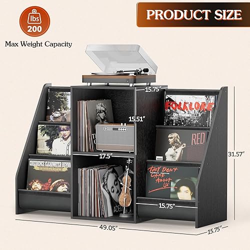 Miniatura 6 de Soporte para tocadiscos, soporte para tocadiscos con almacenamiento de discos de vinilo, 300 álbumes, mesa de tocadiscos con soporte para discos de