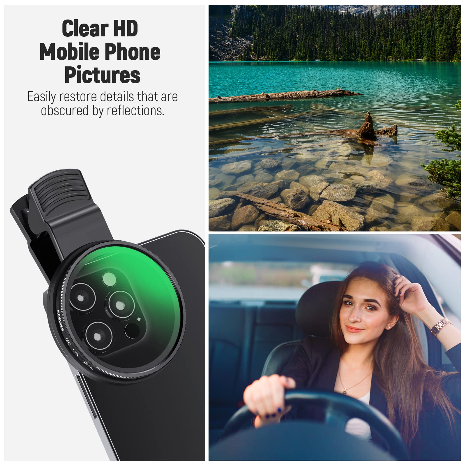 NEEWER Filtr CPL 52 mm do telefonu, klips na okrągły filtr polaryzacyjny z klipsem do telefonu, etui do przechowywania i ściereczka do czyszczenia, kompatybilny z iPhone Samsung Galaxy Android DSLR
