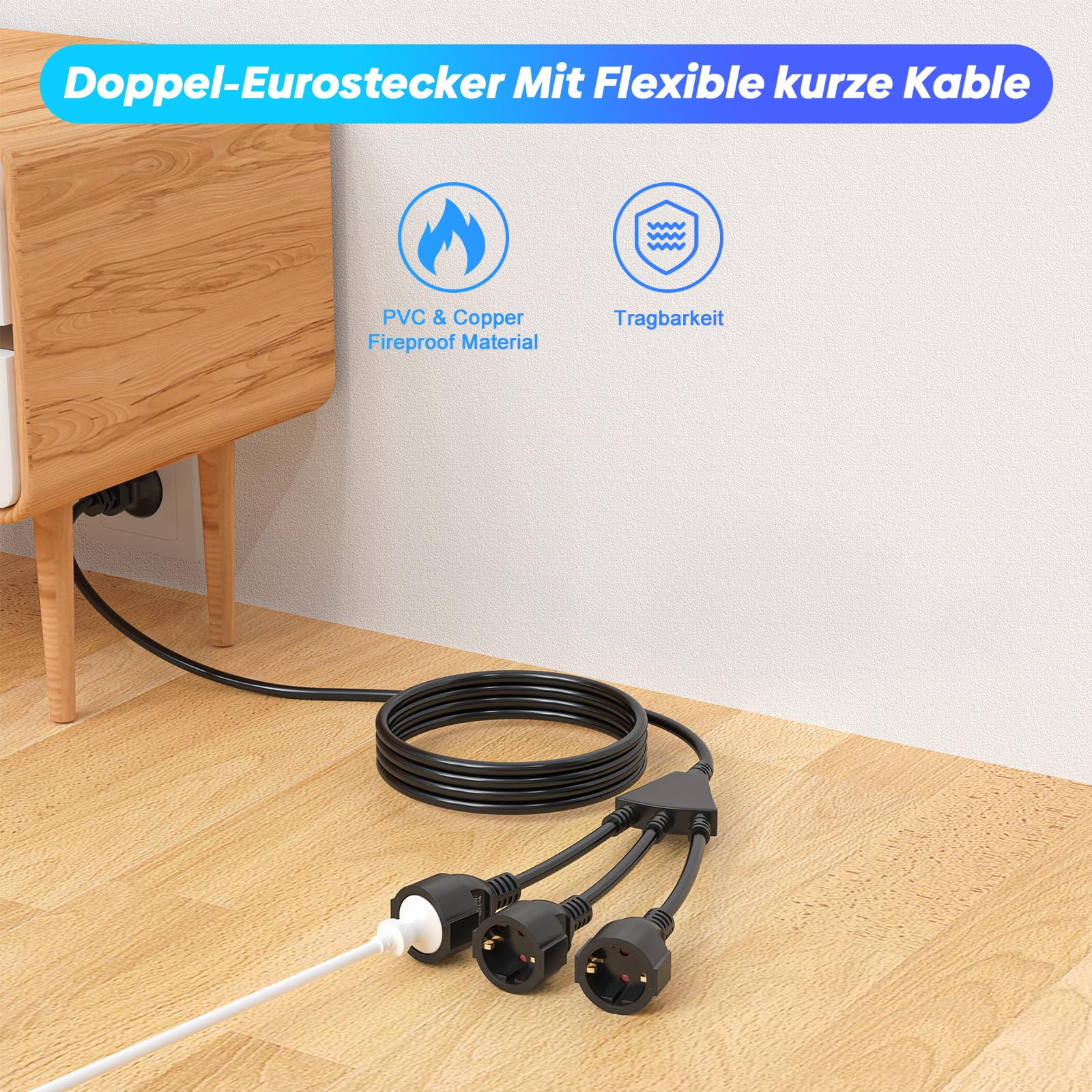 HITRENDS Rallonge d'extérieur avec contact de protection - Avec prise multiple - Câble en plastique CA Schuko avec 3 prises - Pour la maison, le bureau, l'extérieur - 3 x 1,5 mm² - Jusqu'à 250 V/13 A