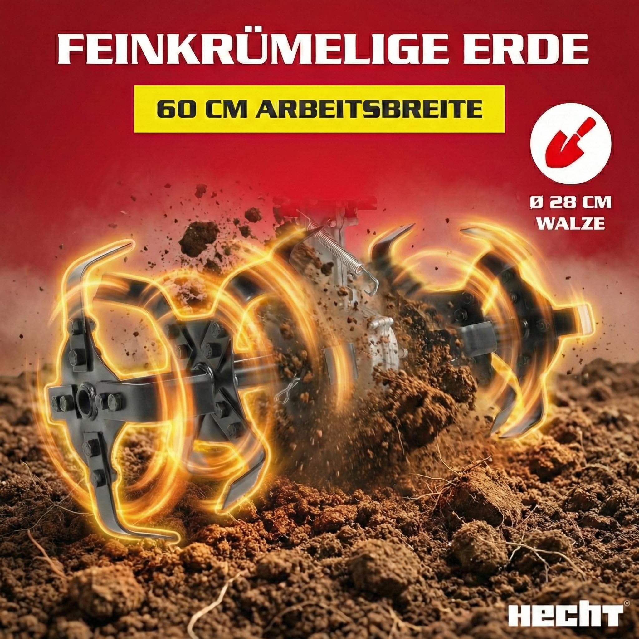 HECHT Benzin Motorhacke 4,08 PS - mit 60 cm Arbeitsbreite – 4 Takt Motor – 24 Harte Messer – Bodenfräse – Gartenhacke – Kultivator – zum Boden umgraben und lockern - Gartenfräse Benzin