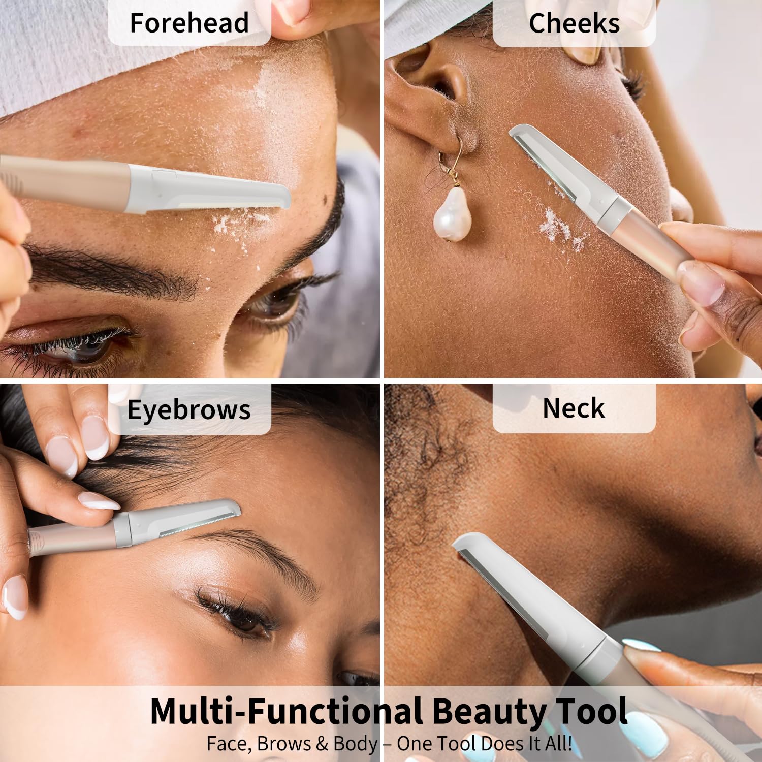Dermaplane - Maquinilla de afeitar facial para mujer, removedor de pelusas de melocotón, color beige | Herramienta Dermaplaning para depilación facial y exfoliación, modelado de cejas, piel suave, mango de metal + 8 recambios