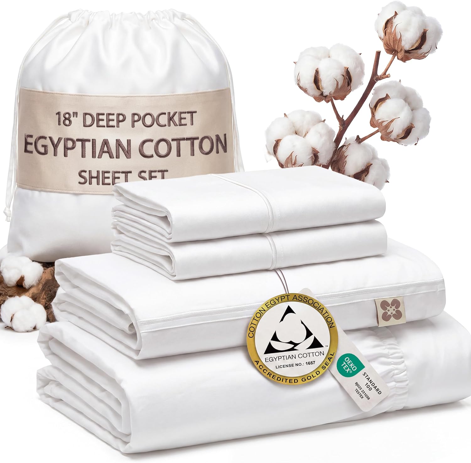 Bedsure PureWoven 100% Giza Egyptian Cotton King Sheets, CEA & BV Certified