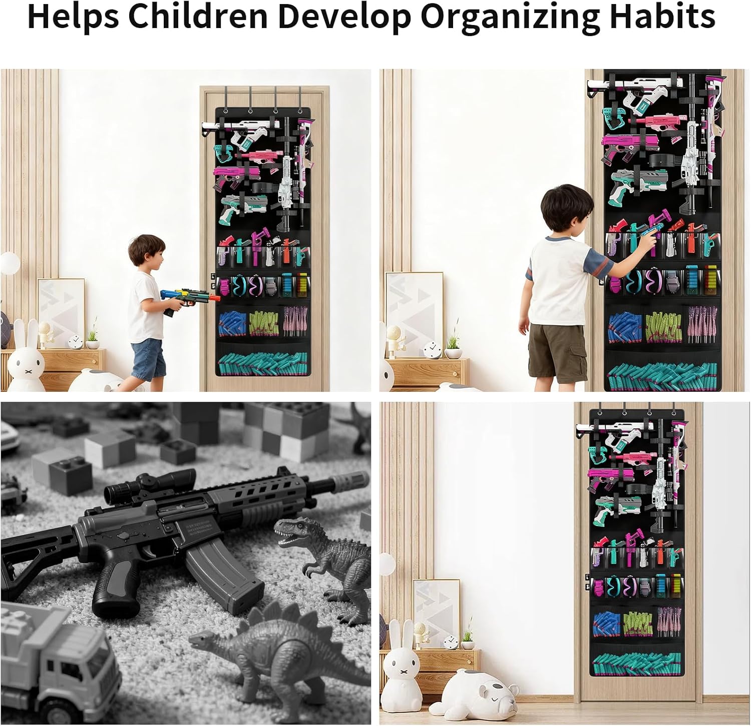Over Door Organizer for Toy Guns, Door Hanging Toy Holder for Kids Rooms Game Rooms, with Pockets and Slots, for Darts Goggles Foam Blasters (Black)