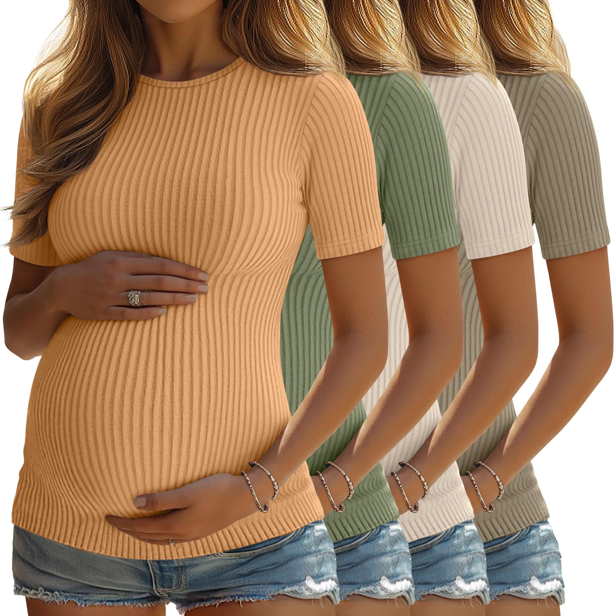 4 Pack Womens Maternity Shirts Ribbed Knit Short Sleeve Pregnancy Tops Crew Neck Tunic Tees Casual Summer Clothes
