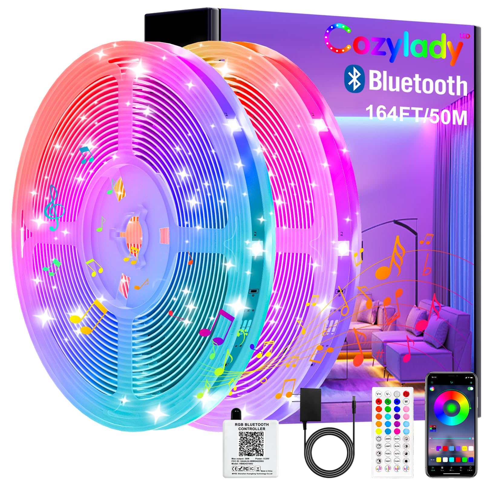 Cozylady Bluetooth LED Strip Lights,50m LED Light Strips Controlled by Smart Phone APP, Music Sync LED Lights Strip for Bedroom Decor, Room Decor, Children's Room（50m）