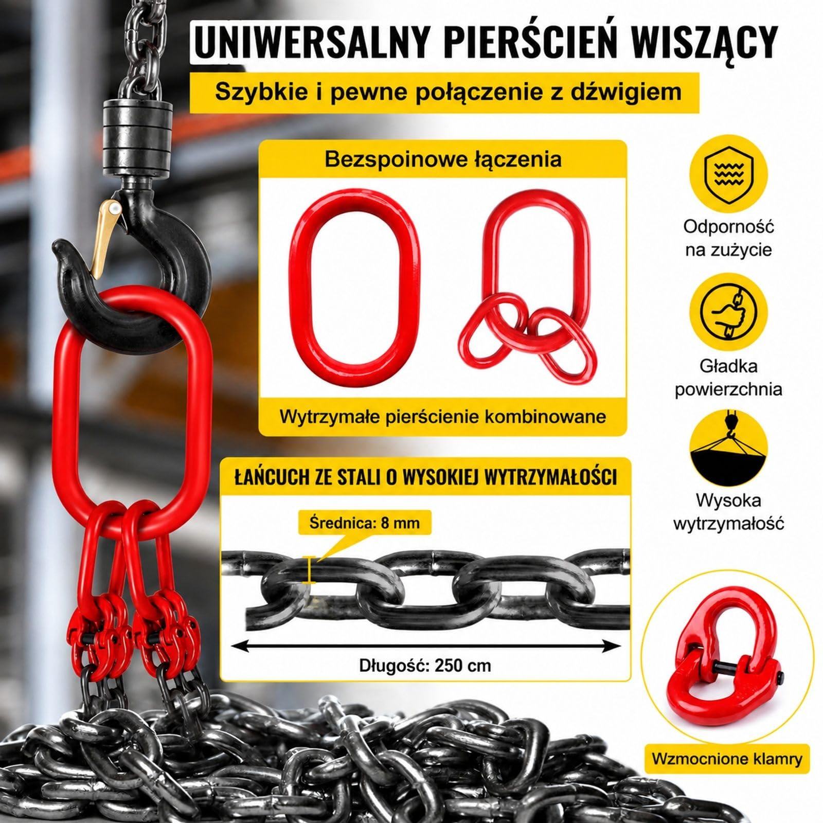 Zawiesie łańcuchowe z 4 cięgnami i hakami do podnoszenia oraz prac magazynowych