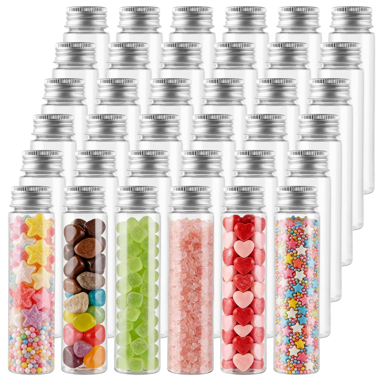 Lot de 36 tubes à essai avec bouchon à vis - 80 ml - Tubes à essai avec couvercle transparent - En plastique - Pour fleurs, bonbons, perles, plantes, sels de bain réutilisables