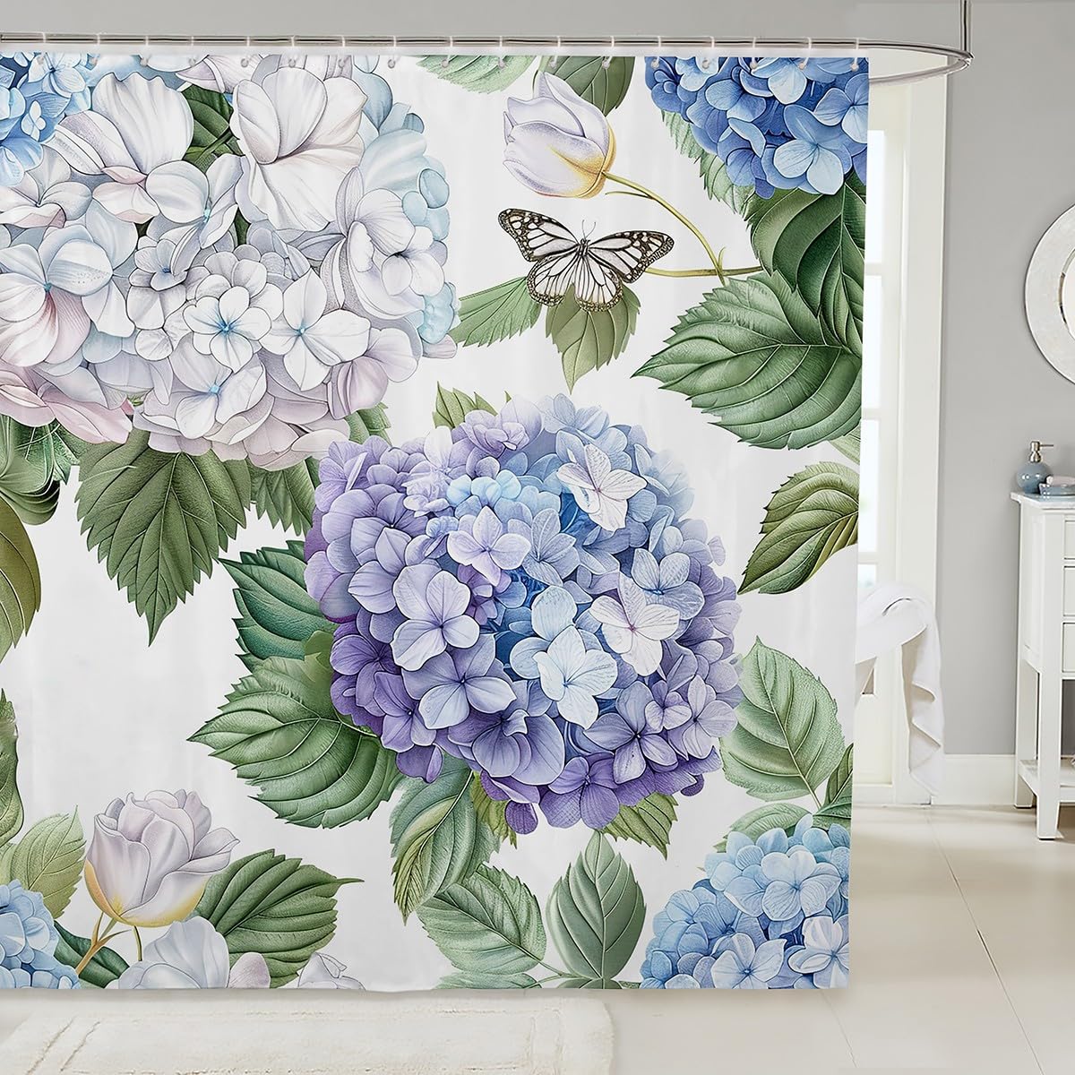 Hydrangea Shower Curtain 72" W x 78" L 3D Blooming Flowers Garden Plants Bathroom Curtain for Kids Girls Women Wild Butterfly Watercolor Gradient
