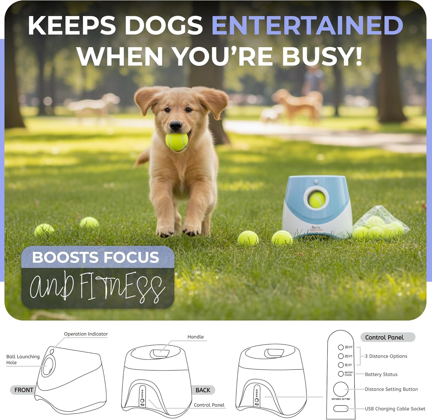 Automatic Ball Launcher for Dogs with 10 Tennis Balls (2 inch), Dog Ball Launcher with 3 Range Modes (10/20/30ft), Rechargeable Dog Balls Thrower for Small-Medium Dogs,Indoor/Outdoor Pet Fetch Machine