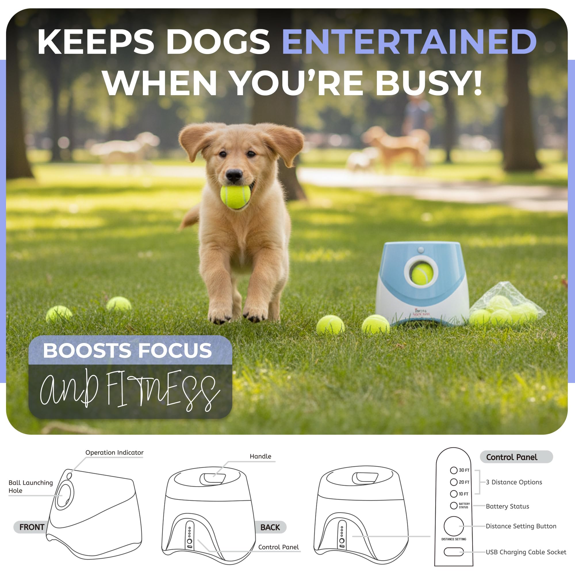 Automatic Ball Launcher for Dogs with 10 Tennis Balls (2 inch), Dog Ball Launcher with 3 Range Modes (10/20/30ft), Rechargeable Dog Balls Thrower for Small-Medium Dogs,Indoor/Outdoor Pet Fetch Machine - image 5