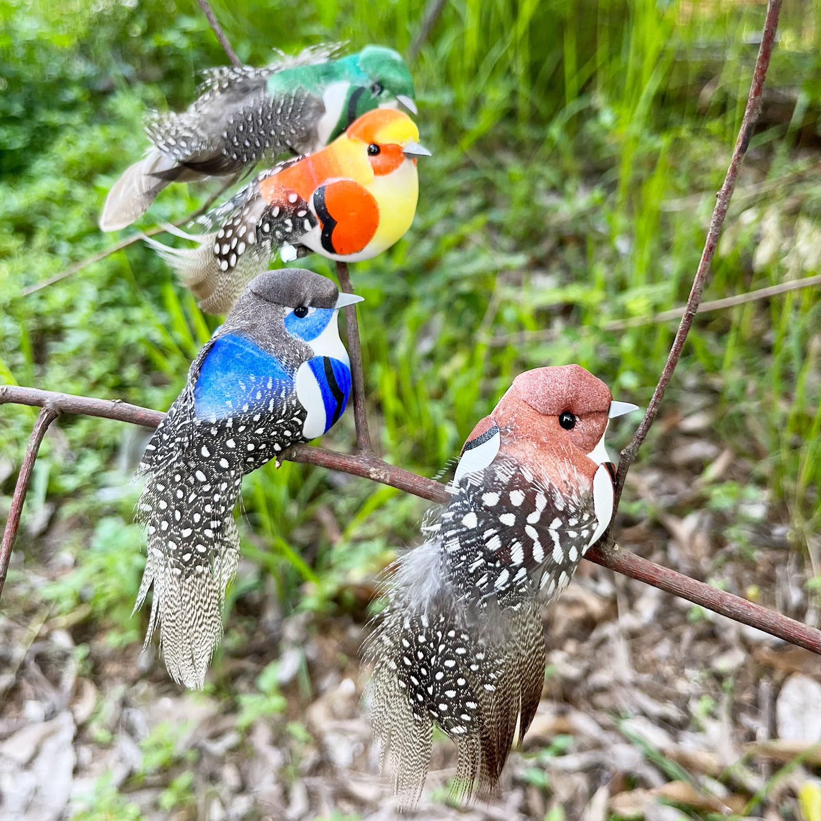 LWINGFLYER 4pcs Artificial Birds Clip on Bird Ornaments with Feathers for Spring Christmas Tree Decoration, Arts & Crafts and Floral Arrangements (Model-4S14)