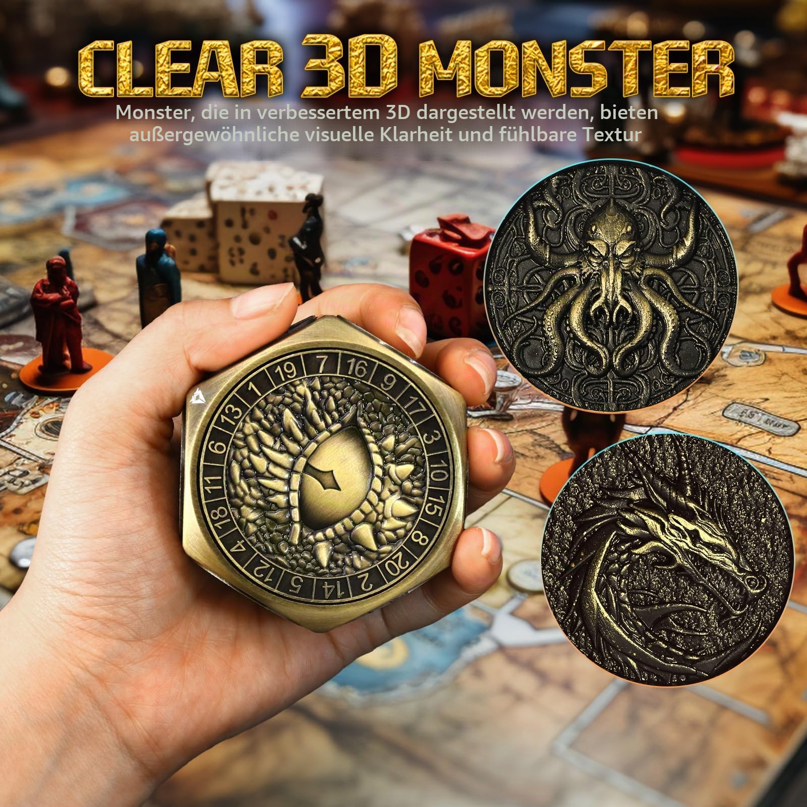 ZHOORQI 8-in-1 DND Würfel Set, Metall-Spinner-Würfel mit Zwei D20, 3D-Monster und leichtgängigem Drehmechanismus – Ideal für Rollenspiele, D and D(Dungeons and Dragons) Dice Geschenk(Black Bronze)