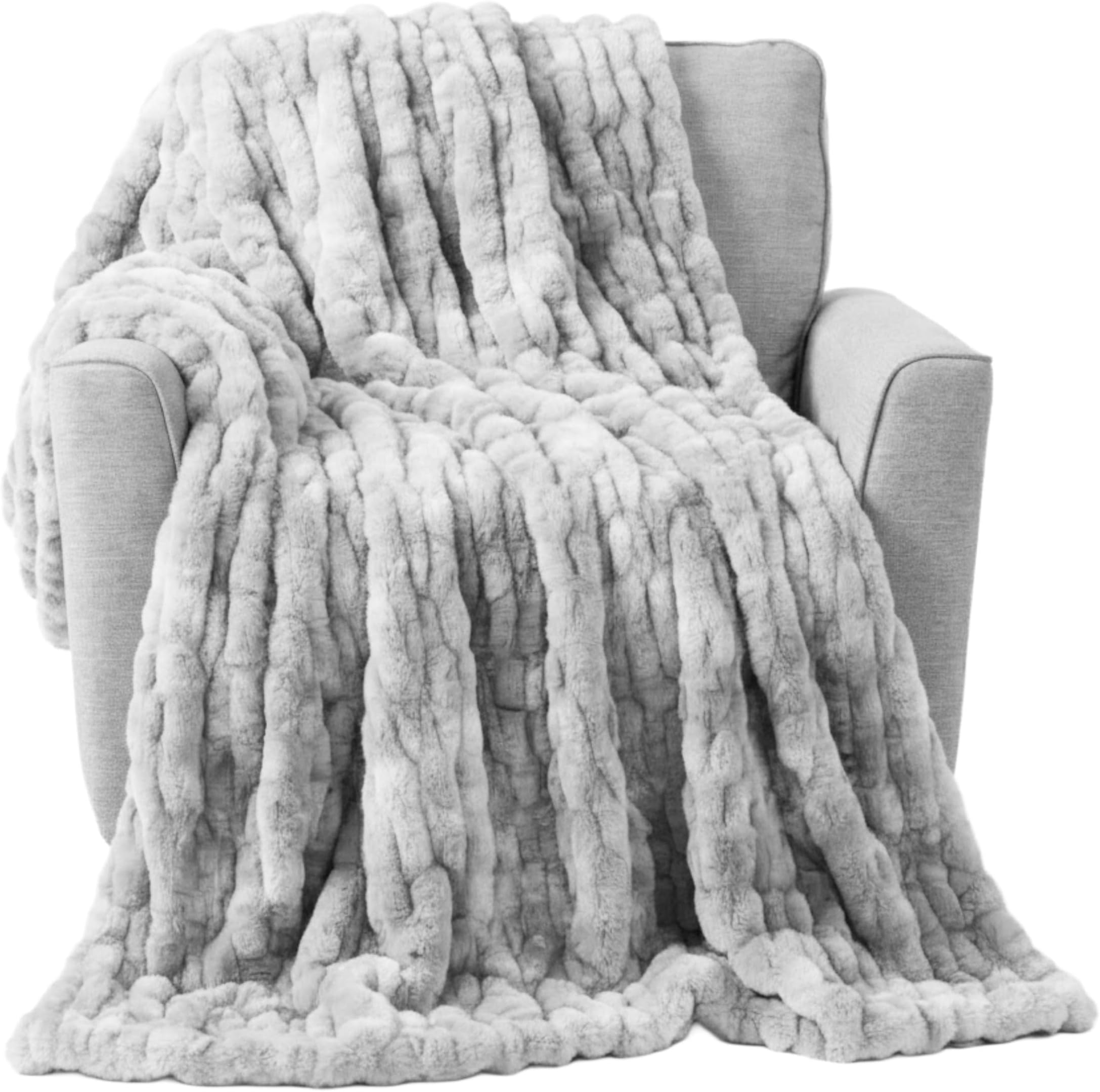 Oversized Ruched Faux Fur Blanket - 60x80-Inch Jacquard Faux Fur Queen-Size Throw for Sofas and Beds - Luxurious Bedding by Lavish Home (Gray)