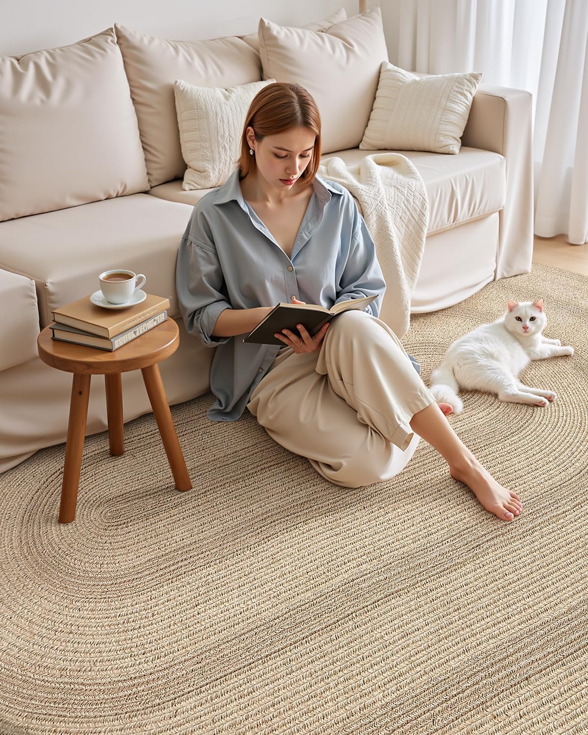 Color&Geometry 6x9 Oval Jute Rug Indoor Outdoor, Reversible Hand Woven Natural Fiber Minimalist Area Rug, Easy Clean Scandinavian Decor for Patio, Deck, Living Room, Dining Room