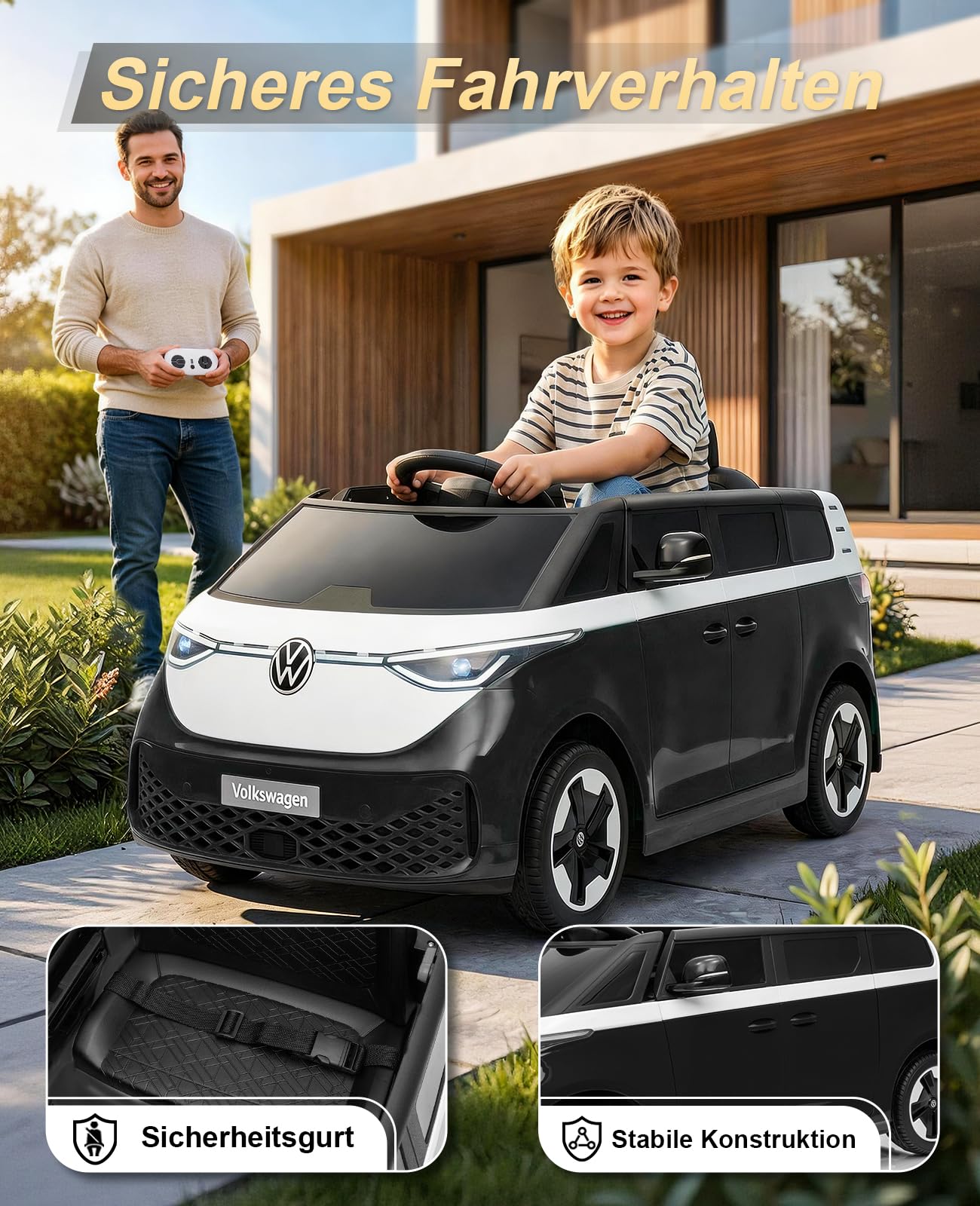 KerryYoo SW2 12V 7Ah Kinder Elektroauto, Offiziell Lizenziertes VW Kinderfahrzeug mit Fernbedienung, Soft Start und Stauraum im Heck, für Kinder ab 3 Jahren - Schwarz