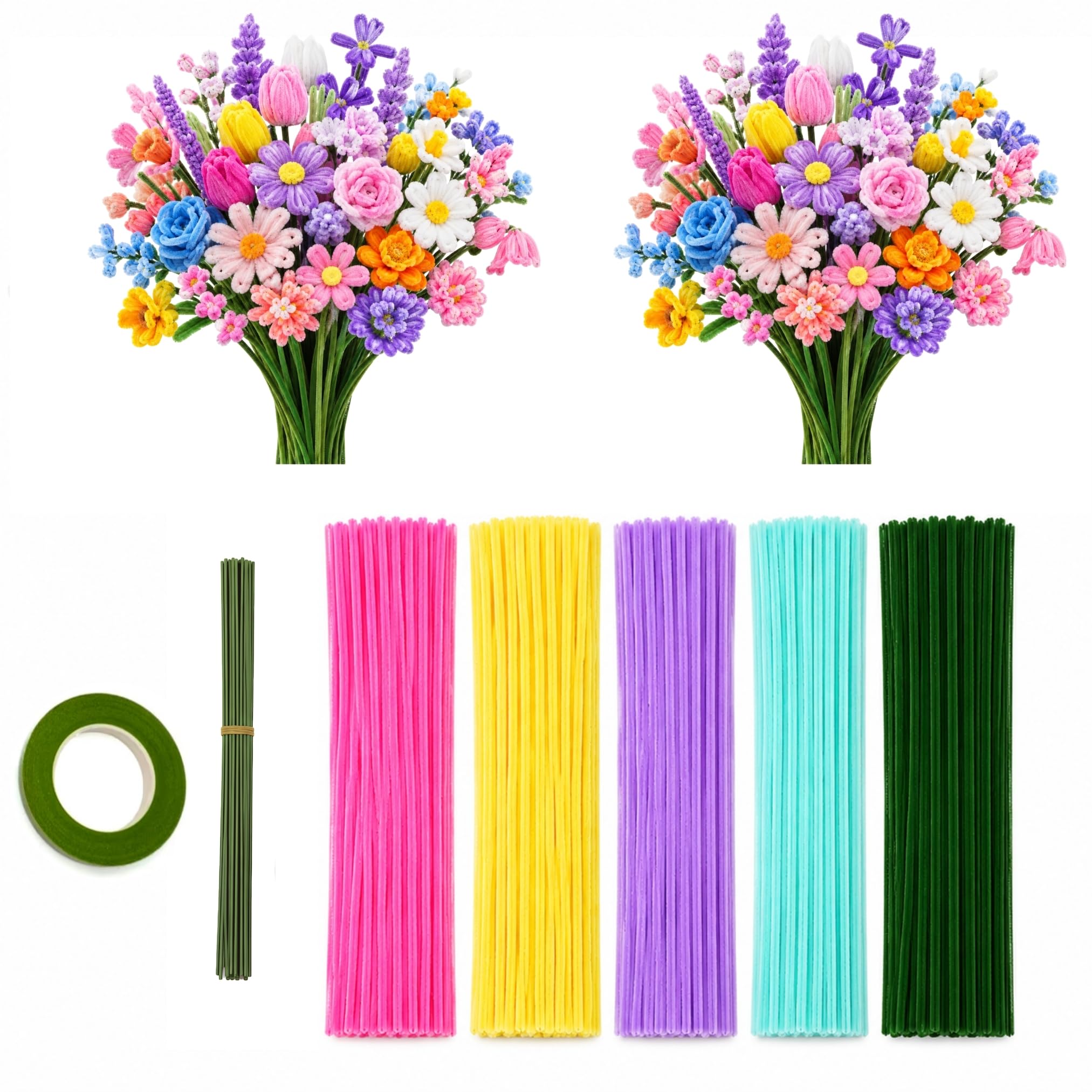 Pipe Cleaner Flower Making Kit, 100 Pcs, Pastel Multicolour | Includes Floral Tape, Green Floral Stems, 30 cm Length, DIY Craft Activity, Kids & Adults-image-12