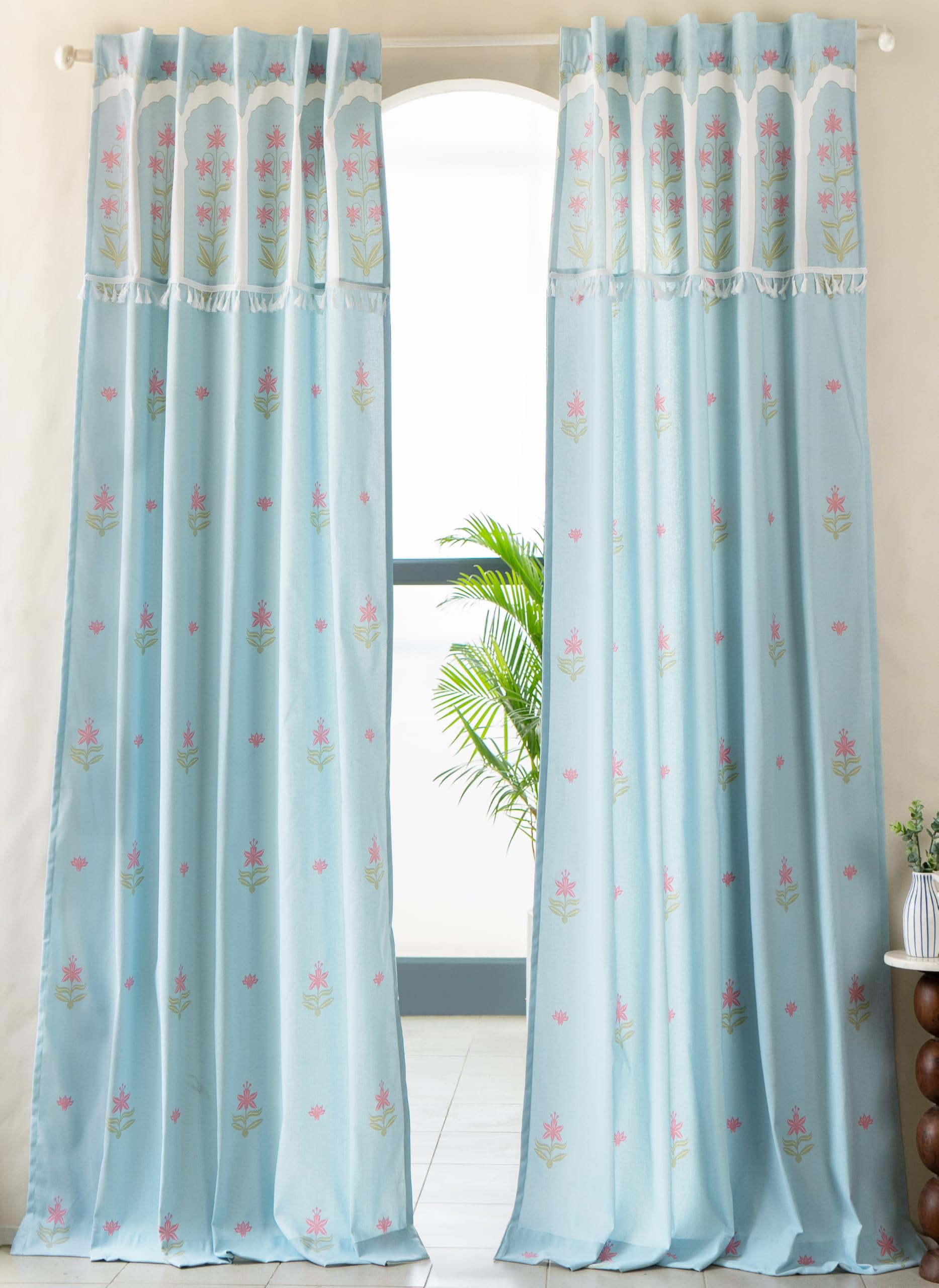 Taj Curtains - Turquoise Floral Cotton Curtains (8ft Set of 2) -1