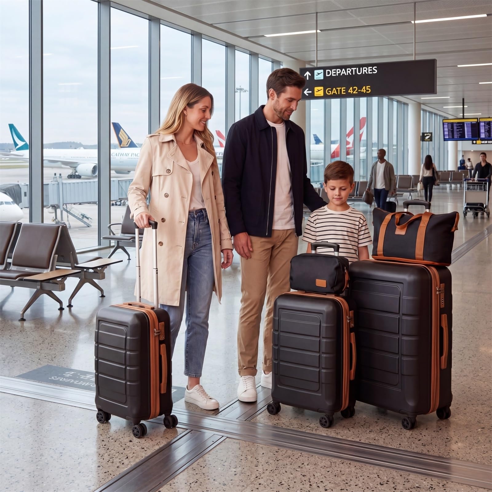 LIFEZEAL Set di Valigie da 5 Pezzi, Set Trolley da Cabina con 3 Valigie Rigide in ABS (28”/24”/20”), 1 Borsa da Viaggio e 1 Borsetta, Lucchetto a Codice, Ruote Girevoli e Manico Telescopico (Nero)