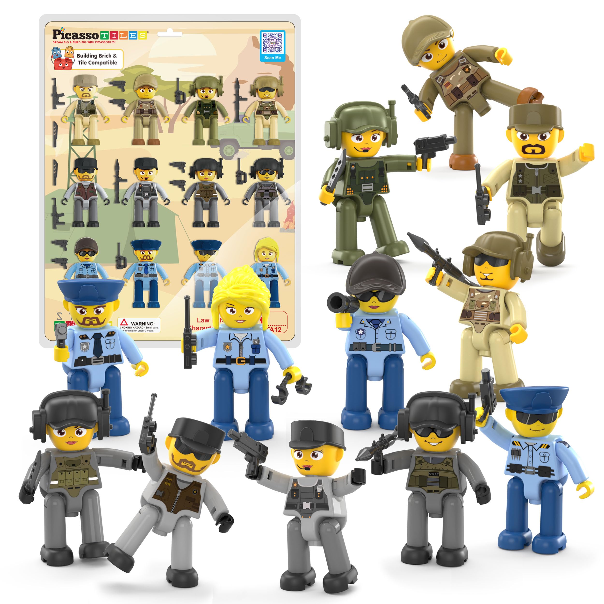 Picasso Toys Magnetic Action Figures 12 Piece Character Law Enforcement for Construction Building Block Tiles Toy Set Magnet Expansion Variety Pack Educational STEM Learning Kit Pretend Playset PTA12