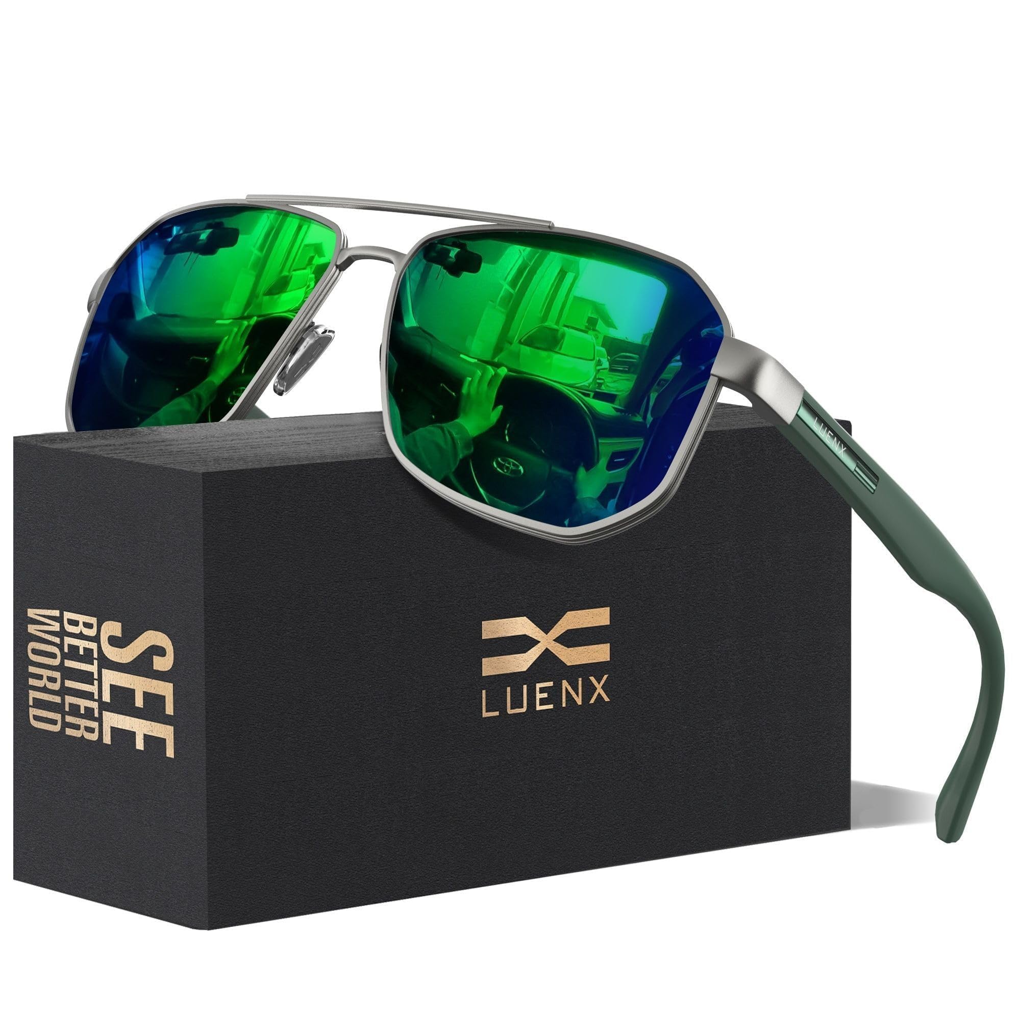 Aviator Sunglasses for Men Square Polarized Polygon Lens - UV 400 Protection with Accessories