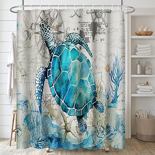 Miniatura 5 de Juego de baño azul marino con cortina de ducha y alfombras y accesorios, juego de cortinas de ducha de tortuga, cortinas de ducha azules y grises