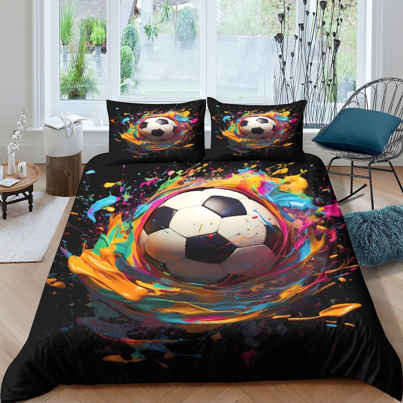 Ctjqhvkz Style-1 3D Printed Color Splash Soccer Fitted Sheet Microfiber Black Bed Cover For Bedroom Guest Room Easy Care Single（135X200cm）