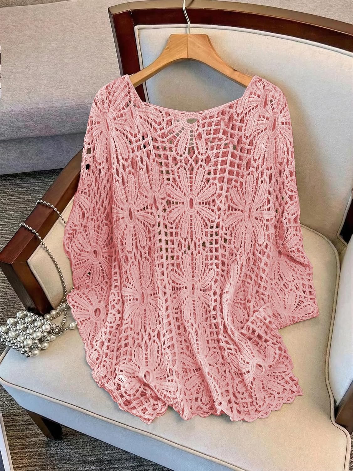 MakeMeChic Women's Plus Size Boho Tops Crochet Sweater Dolman Sleeve Beach Cover Up