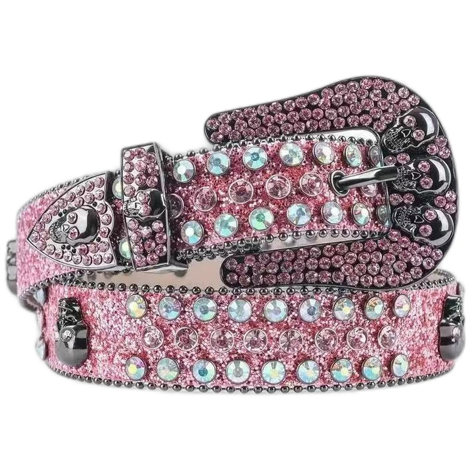 AGUTALITHIC Rhinestones Studded Belt Sparkly Sequin Shine Engraved Skull Head Western Leather Strap with Crystal Prong Buckle(110cm/43, Pink)