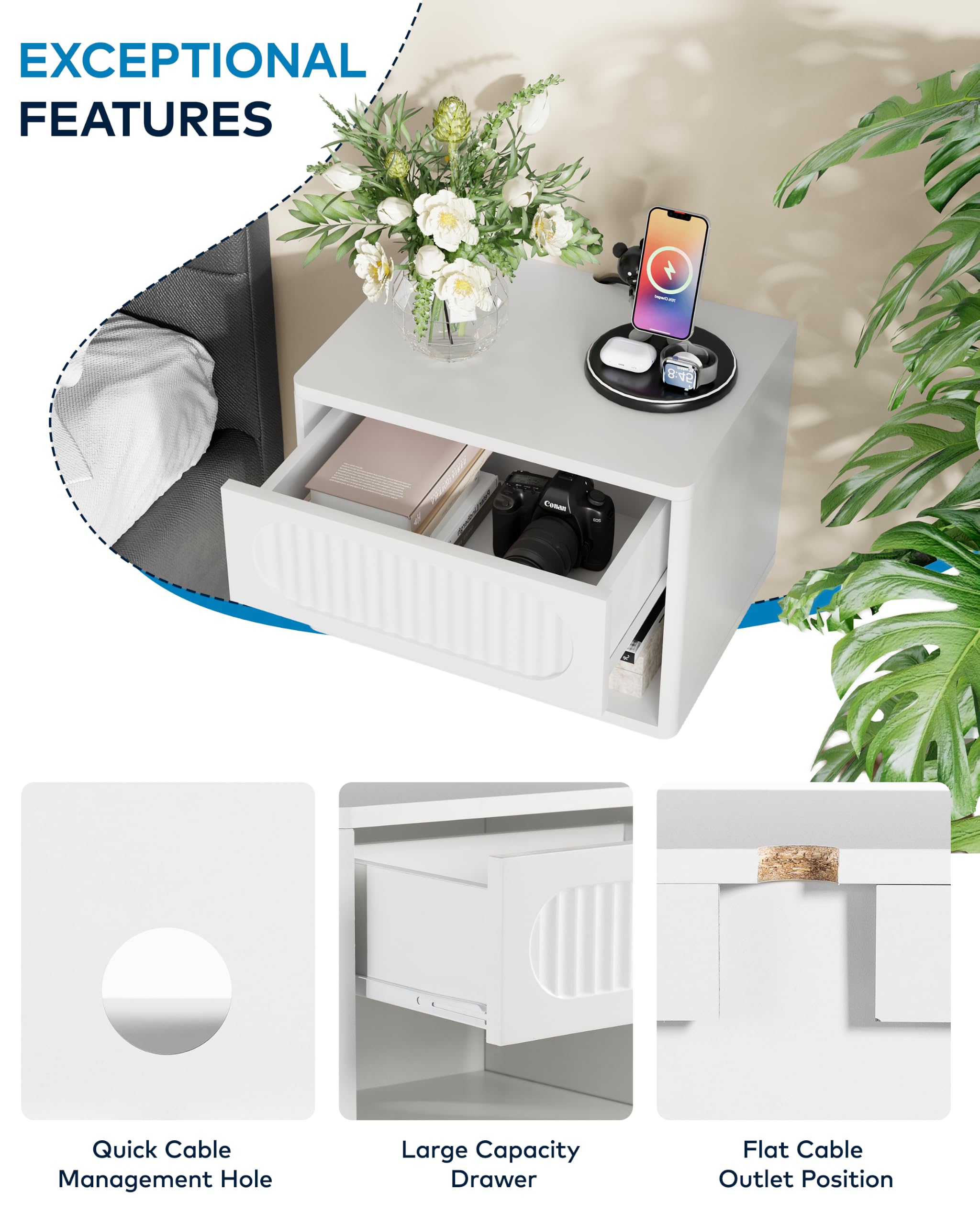 Nachttisch Hängend 2er Set, Nachtschrank Holz, Schwebendes Wandregal, Seitentisch Kleiner Moderner mit Schublade & Offener Raum für Schlafzimmer Wohnzimmer, Weiß