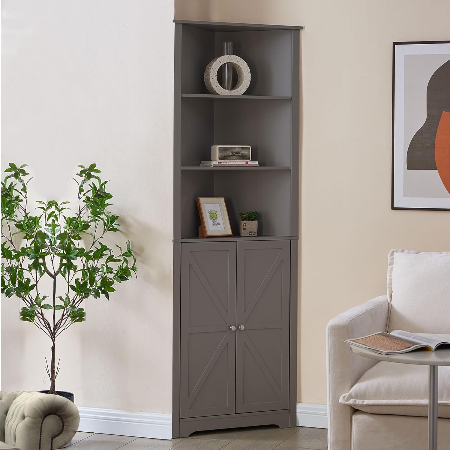 Kings Brand Furniture Tall Wooden Corner Cabinet with 2 Doors and 5 Shelves Storage Shelf Organizer, Home Space Saver, Bathroom, Kitchen, Living Room, Grey