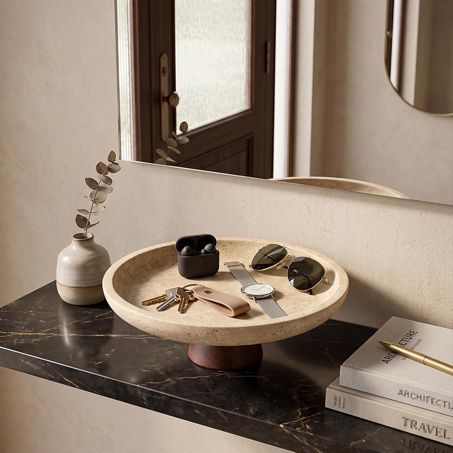 Travertine Stone Decorative Bowl for Home Decor, Natural Marble Fruit Bowl with Solid Wood Pedestal, 10.2" Centerpiece Bowl for Kitchen Counter, Coffee Table & Dining Room Beige (WH125)