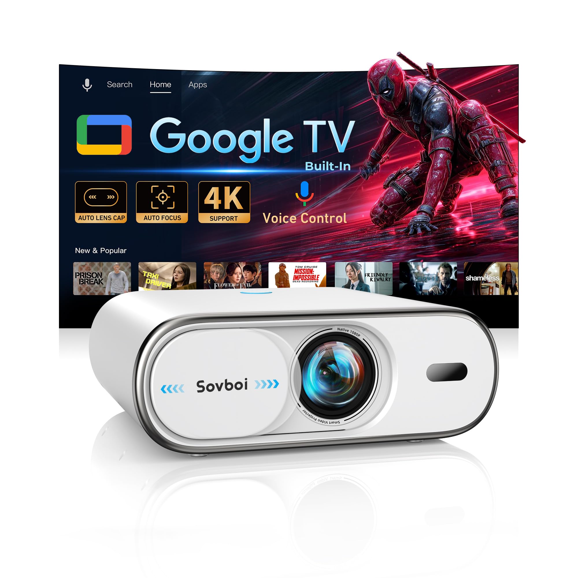 Outdoor-Projector Built-in Google TV, Sovboi Auto Lens Cap Smart Proyector | 4K Support, WiFi 6 & Bluetooth, AI Auto Focus&Voice Control, 3000 High Brightness, Portable for Indoor&outdoor Movies Night